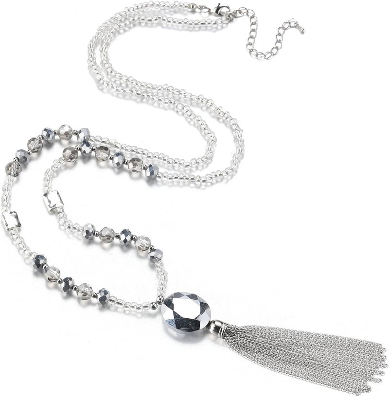 BULINLIN Boho Beaded Long Necklaces for Women Chunky Bead Pendant Necklace with Crystal Tassel Costume Jewelry Gifts for Her - Image 1